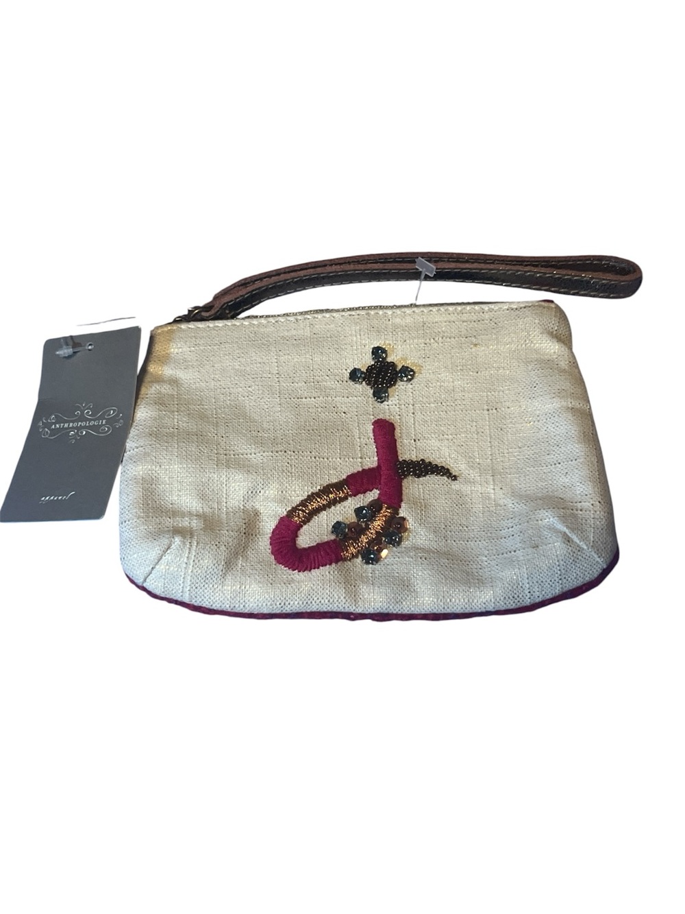Anthropologie Cream Wristlet with Pink and Gold Embroidery
